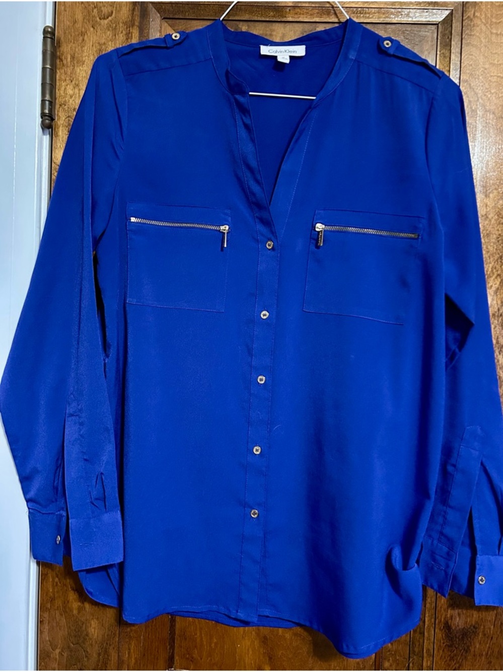 Calvin Klein Women's Cobalt Blue/ Purple Button-Front Utility Blouse